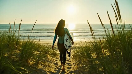 A Surfer's Solitude: Silhouette of a surfer walks toward the sea. The image depicts the ocean's expanse at sunset