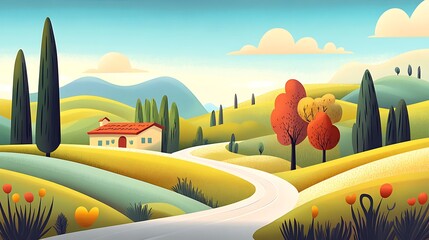 Autumnal Countryside Road, Rolling Hills, House, Trees