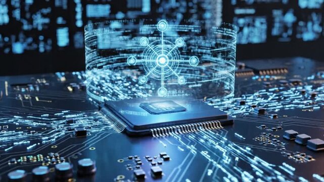 Futuristic CPU with holographic data network hovering above circuit board, glowing blue tech visualization for AI, computing, and digital innovation concepts.