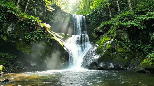 Majestic Waterfall in the Forest: A breathtaking cascade of water plunges into a tranquil pool surrounded by lush greenery, sunlight filtering through the trees.