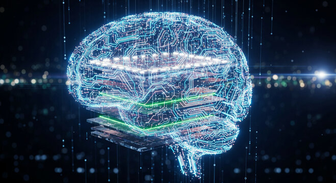 Glowing blue circuit brain with neon lights and digital connections - Powered by Adobe