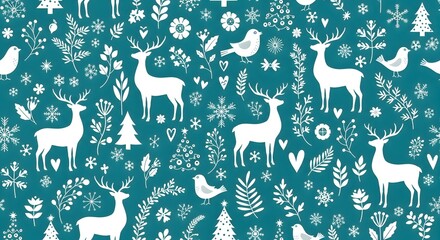 Vintage winter Christmas seamless pattern featuring a reindeer silhouette and snowflake vector illustration for holiday greeting card decoration and festive New Year celebration design