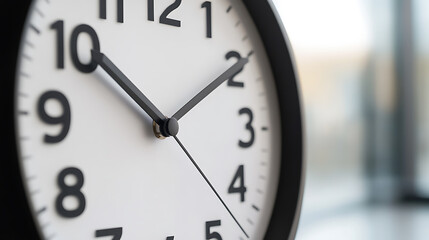 A close-up of a clock face with black hands and numbers. The background is blurred, focusing on the time indicated by the clock, hinting at deadlines and the passage of time.