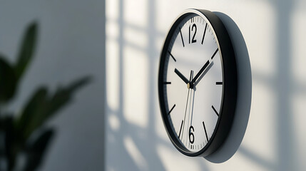 A minimalist clock with black frame, white face, and black hands mounted on a white wall with plant shadows. A quiet scene conveying modern simplicity and a sense of measured time.