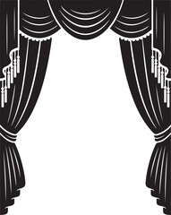 Stage curtains opening with tassels and drapes rendered as vector art on transparent background