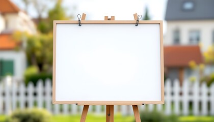 Empty white board on easel in natural outdoor setting representing education presentation planning and creative workspace.