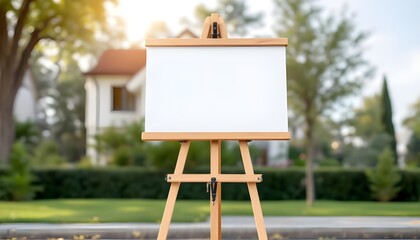 Blank white canvas on wooden easel outdoors representing creativity presentation art display and mockup concept.