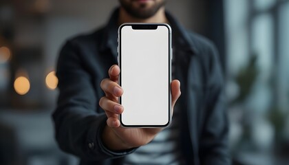 Man holding smartphone with blank screen representing mobile application mockup digital technology and modern communication.