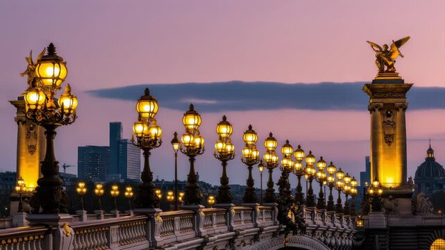Pont des arts bridge in paris at sunset with street lamps and cityscape