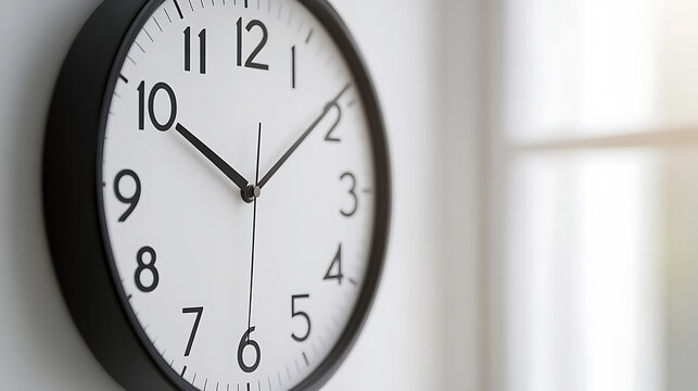A close-up captures a wall clock with a black frame and a white face. The clock shows the time as approximately 10:08. The room has a soft, diffuse natural light.