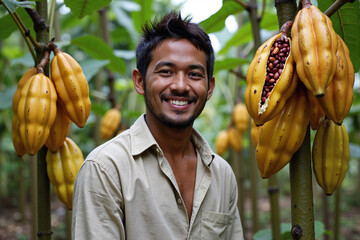 smiling male farmer standing in tropical plantation surrounded by ripe yellow cacao pods with open fruit showing raw cocoa beans for organic chocolate production industry
