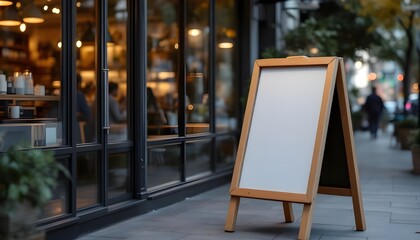 Blank white signboard on sidewalk outside modern building representing advertising signage business promotion and copy space.