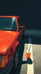 Classic Car and Drink Cup in Parking Lot