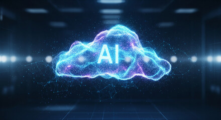 Artificial intelligence cloud computing concept with glowing blue and purple particles