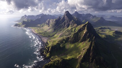 Aerial view of rugged coastline and majestic mountains