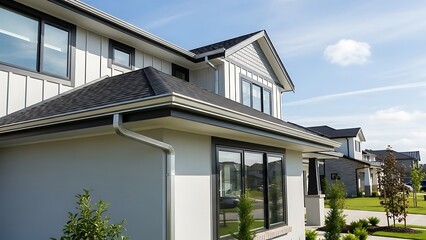 Fototapeta premium Modern new construction house exterior with white siding and dark roof under blue sky.