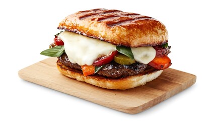 Grilled Cheese & Roasted Vegetable Burger on Rustic Wood