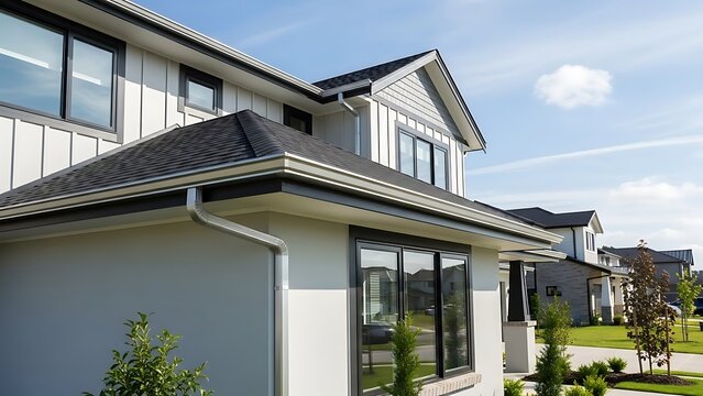 Modern new construction house exterior with white siding and dark roof under blue sky.