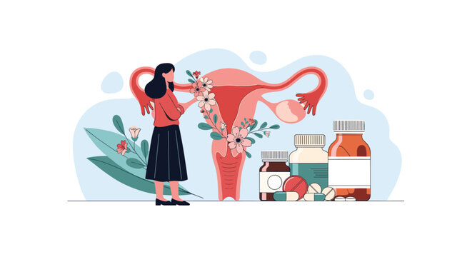 Woman caring for her reproductive health, represented by a stylized uterus adorned with flowers and surrounded by medical pills.