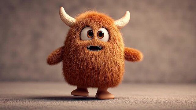 Adorable fluffy creature with tiny horns standing on neutral surface indoors, 3D illustration, soft lighting, front view, gentle concept