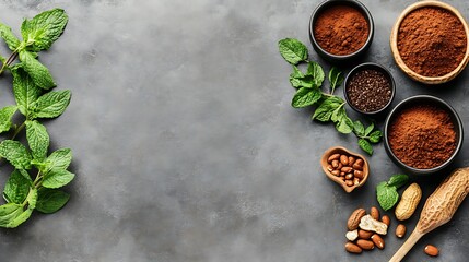 Spices, Herbs, and Nuts on Gray Background