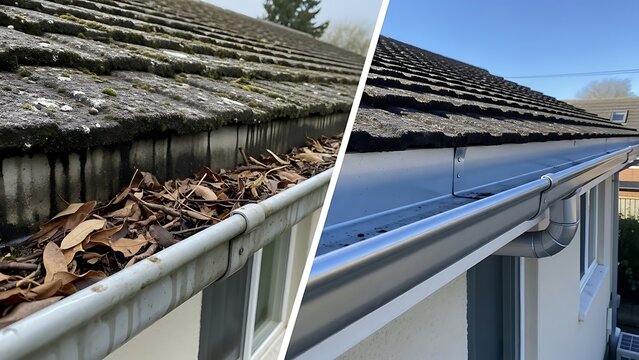 Dramatic before and after transformation of a dirty roof and clogged gutter to a clean system