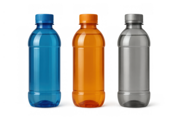 Plastic sports drink bottles in blue, orange, and clear colors, containing various beverages, on transparent background