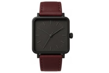 Square minimalist watch with dark grey dial and brown leather strap, showing time, fashion accessory on transparent background