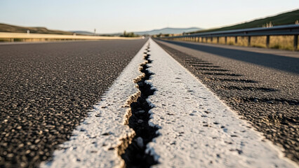 Fototapeta premium Cracked asphalt road with separating lines in rural landscape 