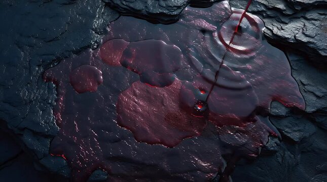 Dark and moody abstract image of crimson liquid dripping onto a textured stone surface creating an unsettling and dramatic visual effect for dark themes