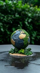Green Planet Earth Globe Model on Reflective Surface