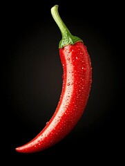 Red Chili Pepper, Water Droplets, Black Background