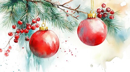 christmas ornaments and red berries on pine branches, watercolor illustration, hand-drawn, pastel colors, white background