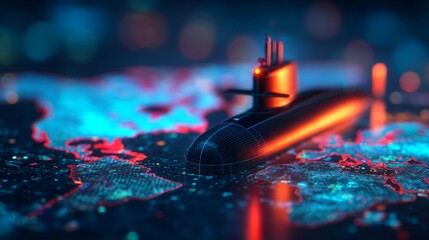 Holographic 3D submarine model on a laboratory table. glowing blue sonar data and aquatic tactical maps. dark metallic research room. naval engineering and underwater defense technology.
