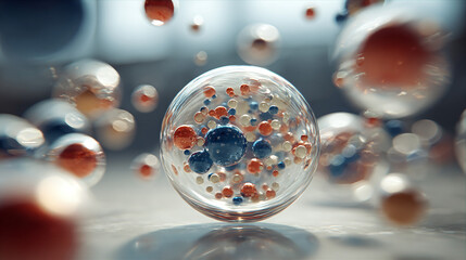 A mesmerizing display of spheres, encapsulating a miniature world within each orb, reflecting light in a captivating dance. Abstract elegance shown.