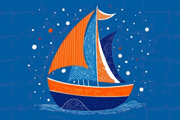 Colorful Sailing Boat Illustration on Blue Background