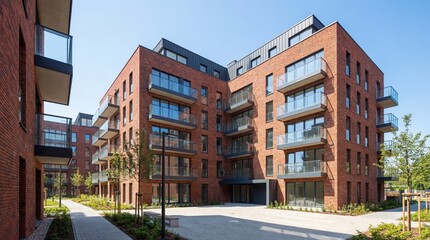 Modern brick apartment building with glass balconies visible under a clear blue sky. Residential complex for urban living and investment.