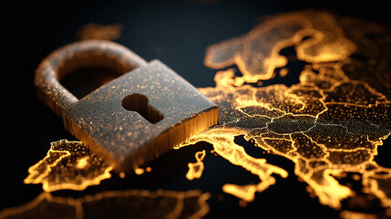 Digital security over Europe: A golden padlock overlaying a Europe map, symbolizes data safety and cybersecurity across the continent.