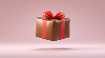 Obraz premium Elegant Brown Gift Box with Red Ribbon Floating Above Soft Pink Background Ideal for Celebrations, Parties, and Special Occasions