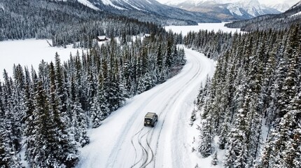 Vehicle driving on snow road in winter mountain forest with cabin and frozen lake. Off road adventure travel in cold season.