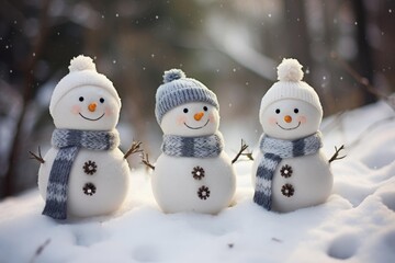 Three adorable snowmen wearing hats and scarves stand in the snow during a gentle snowfall, creating a heartwarming winter scene