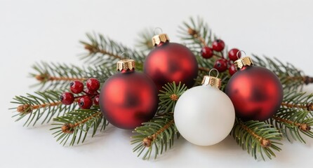 Fototapeta premium Christmas Ornaments and Pine Branches on White Background decorations