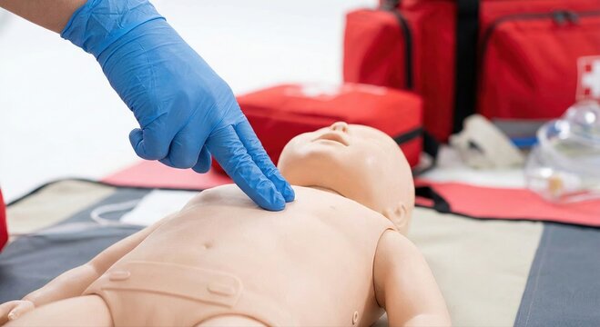 Training with infant CPR dummy demonstrating emergency response for medical education and lifesaving techniques in healthcare settings
