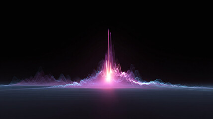Abstract purple and blue waveform on a dark background, with a central peak and bright light emanates from it. Horizon reflection shown.