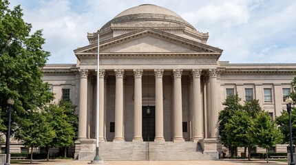Neoclassical building with large columns and a dome. Government institution architecture. Historical landmark property for law and justice concepts.
