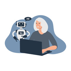 An elderly woman uses artificial intelligence. Search, write text, and generate content using a chatbot