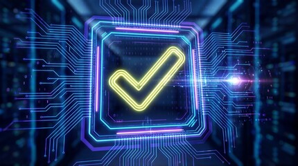 Neon check mark in digital circuit. Concept of verified system, successful transaction, and data security. Technology background.