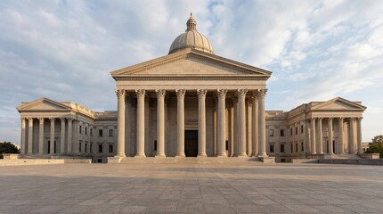 Grand stone government building with classical columns and dome. Official business, education, justice architecture representation.