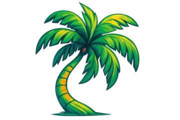 Tropical style palm tree illustration with colorful green fronds and brown coconut, transparent background
