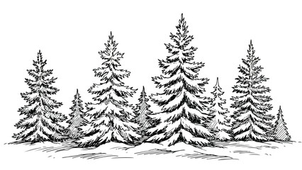 Fototapeta premium Snowy pine forest trees in hand drawn minimal vector sketch background